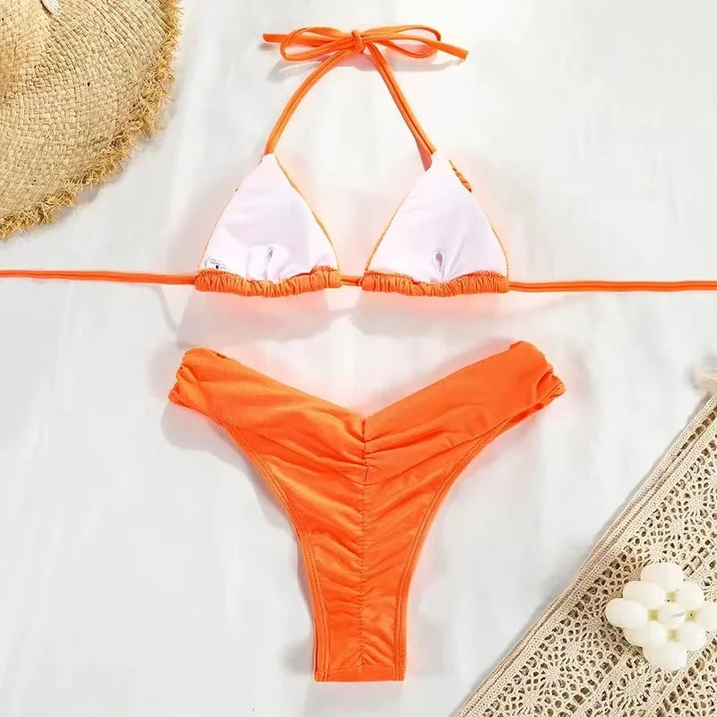 2023 Sexy Micro Bikinis Women Halter Brazilian Bikini Set Female Pleated Swimsuit New Triangle Swimwear Beach Wear Bathing Suit