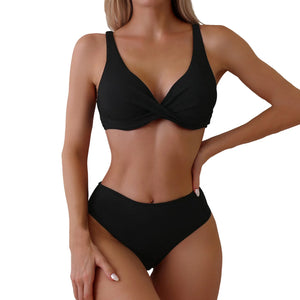 Women's Cross Bandage Bikinis Sets Sexy Push-Up Tankini Swimsuits High Waist Solid Color Swimwears 2024 Maillot De Bain Femme