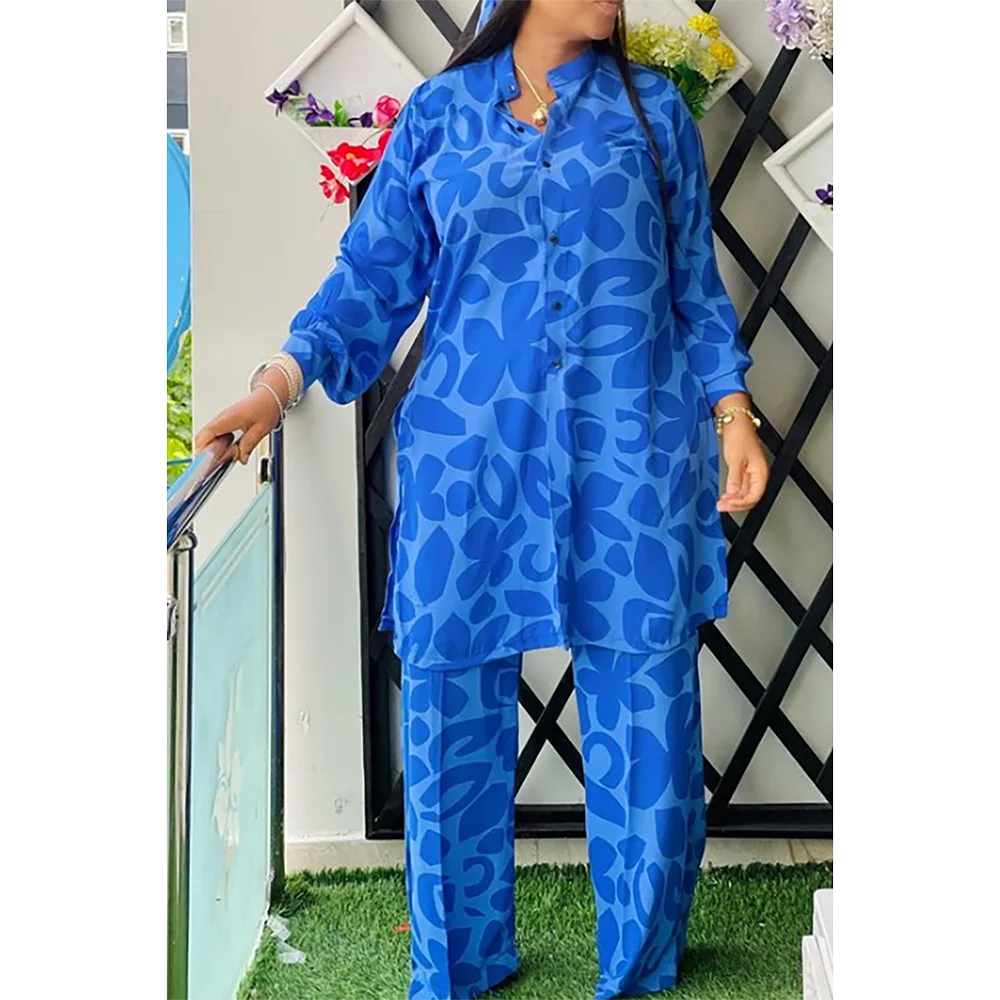 Plus Size Vacation Pant Set Blue Leopard All Over Print Button Long Sleeve Loose Two Piece Pant Set