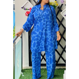 Plus Size Vacation Pant Set Blue Leopard All Over Print Button Long Sleeve Loose Two Piece Pant Set