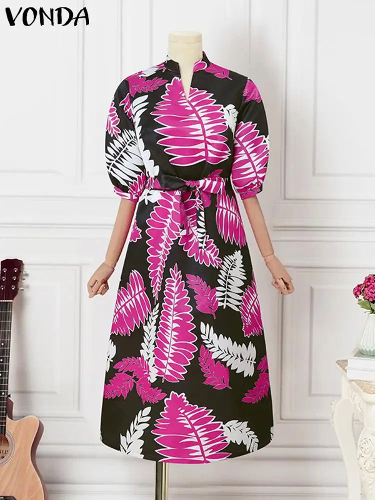 Plus Size 5XL VONDA Maxi Long Dress 2024 Summer V-Neck Printed Puff Sleeve Dress Women Sundress Casual Belted Robe Vestido