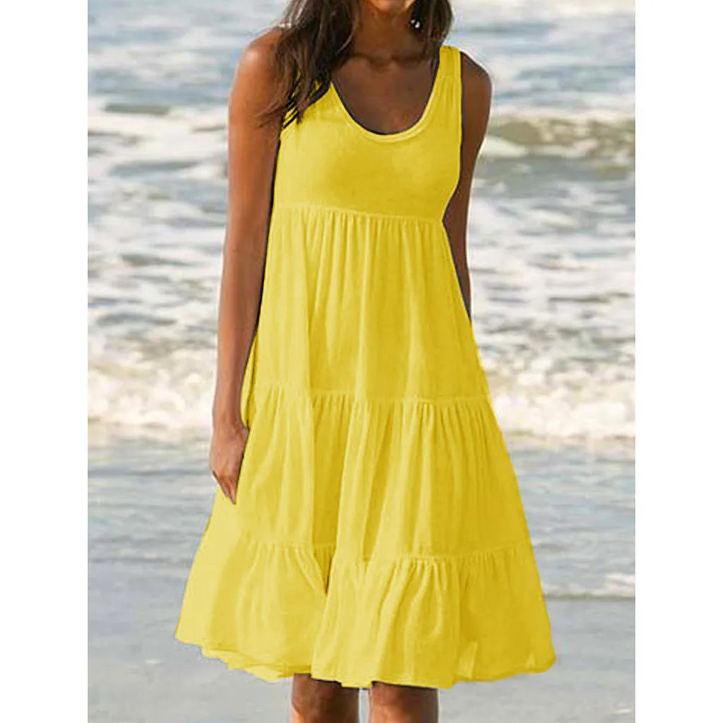 2023 Women Causual O Neck Sleeveless Ruffles Mini Dress Boho Solid Beach Sundress Oversized Loose Dress 2023 Summer