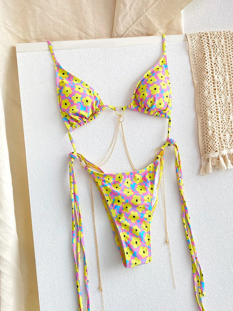 Sexy Bikinis Micro Thongs Swimsuit Women Bathing Suit Rings Biquini Bandage Beachwear Print Swimwear Sexy Bikini Sets With Chain