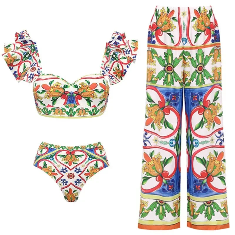 Retro Bikini Printed Fashion Two Piece Swimsuit And Cover Up With Pants Tight Women's Bandage Summer Beach Luxury Elegant