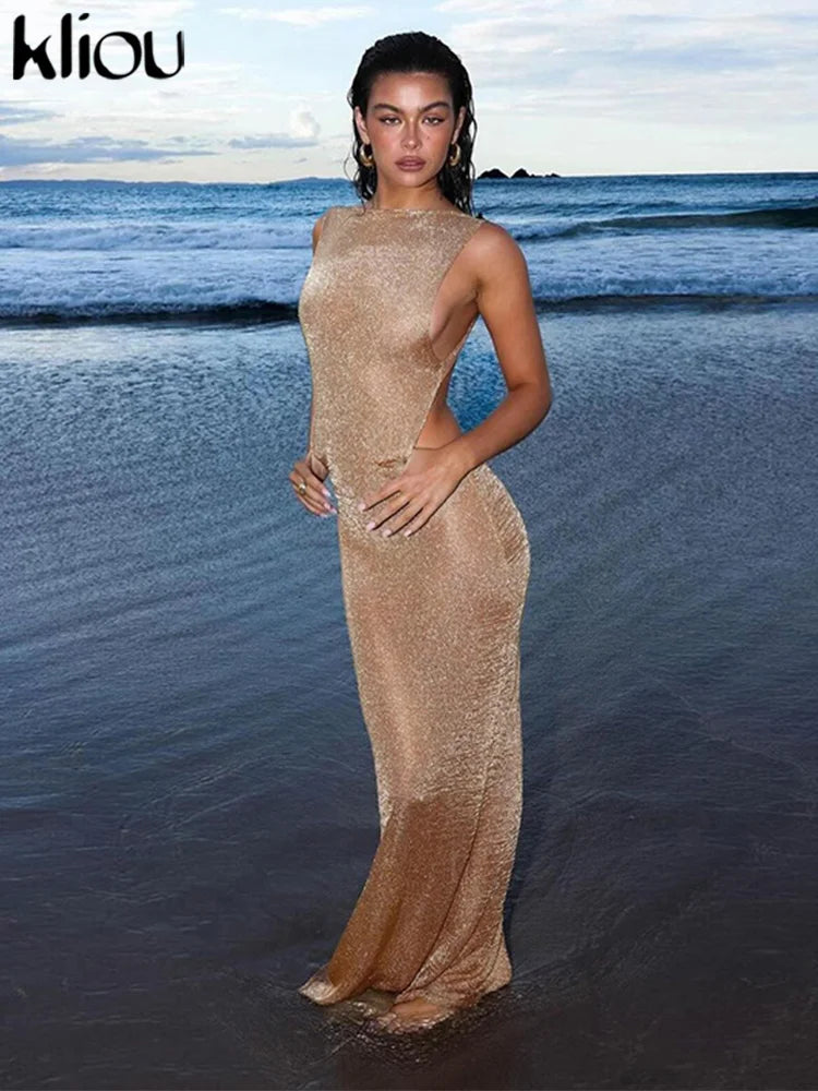 kliou Shiny Long Dress Stunning Women Solid Summer Thin Mesh Sheer Backless Sleeveless Bodycon Female Elegant Fashion Vestidos