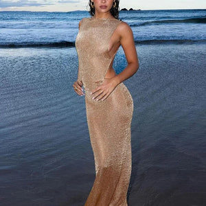 kliou Shiny Long Dress Stunning Women Solid Summer Thin Mesh Sheer Backless Sleeveless Bodycon Female Elegant Fashion Vestidos