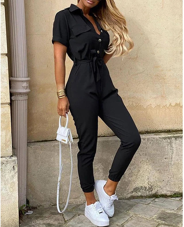 New Summer Jumpsuit Women Elegant Casual Lapel Buckle Printed Female Jumpsuit Woman Trousers Playsuit Overalls Bodysuit Romper