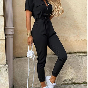 New Summer Jumpsuit Women Elegant Casual Lapel Buckle Printed Female Jumpsuit Woman Trousers Playsuit Overalls Bodysuit Romper