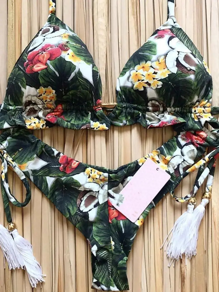 2019 Sexy Halter Swimsuit Women Thong Micro Bikini String Padded Swimwear Brazilian Bikini Bandage Tropical Plant Print Swimsuit