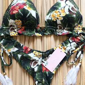 2019 Sexy Halter Swimsuit Women Thong Micro Bikini String Padded Swimwear Brazilian Bikini Bandage Tropical Plant Print Swimsuit