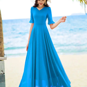 V-neck Elegant Fashion Short Sleeve Solid Color Slender Knee-length A-LINE Dresses Empire Comfortable Chiffon Women's Clothing