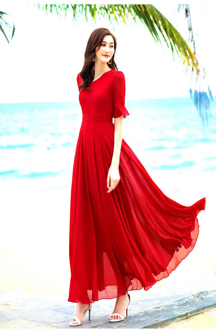 V-neck Elegant Fashion Short Sleeve Solid Color Slender Knee-length A-LINE Dresses Empire Comfortable Chiffon Women's Clothing