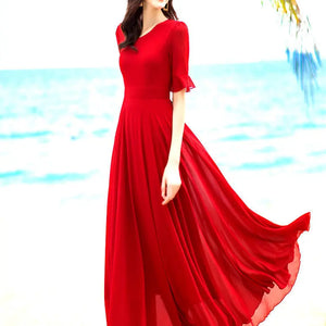 V-neck Elegant Fashion Short Sleeve Solid Color Slender Knee-length A-LINE Dresses Empire Comfortable Chiffon Women's Clothing