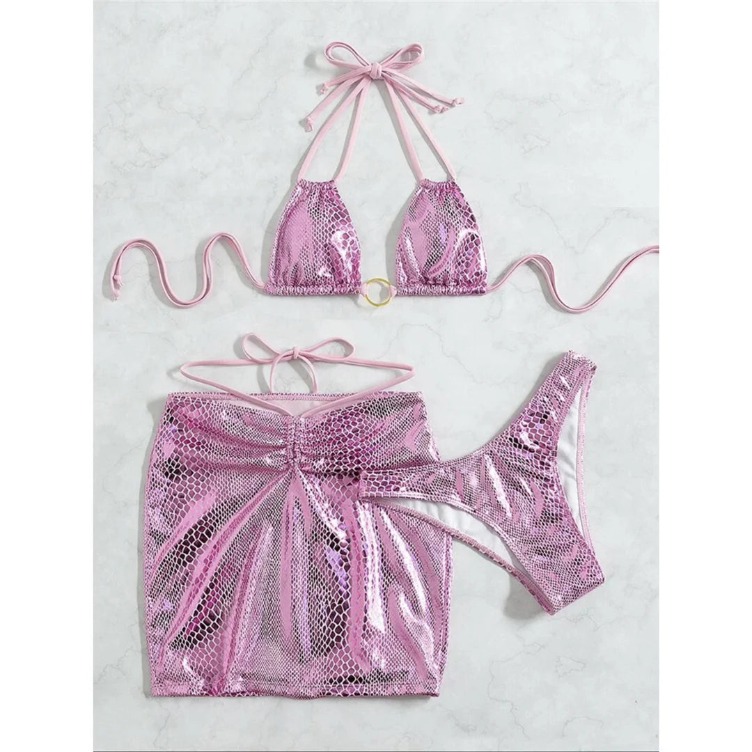 Sexy With Skirt Shiny Snake Skin Bikini Women Swimwear Female Swimsuit Three-pieces Bikini set Bather Bathing Suit Swim K4237