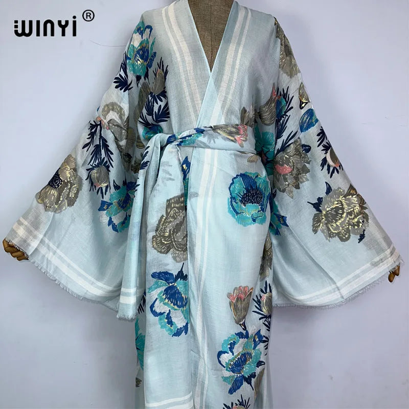 WINYI Bohemian bronzing print Bikini Cover-ups Elegant Self Belted Kimono Dress Women Summer holiday Dress Beach Wear Cover up