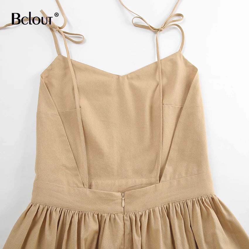 Bclout Fashion Brown Linen Long Dress Women 2024 Elegant Lace-Up Pockets A-Line Dresses Summer Sexy Backless Party Pleated Dress