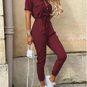 New Summer Jumpsuit Women Elegant Casual Lapel Buckle Printed Female Jumpsuit Woman Trousers Playsuit Overalls Bodysuit Romper