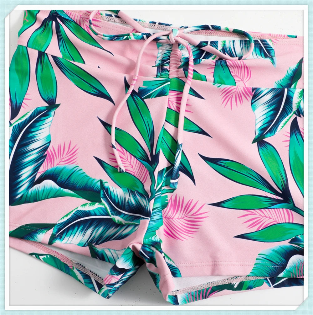 Tropical Print Drawstring Bikini Women High Waist Swimsuit Front Tie Shorts Swimwear Female Sexy Bathing Suit Beach Wear Summer