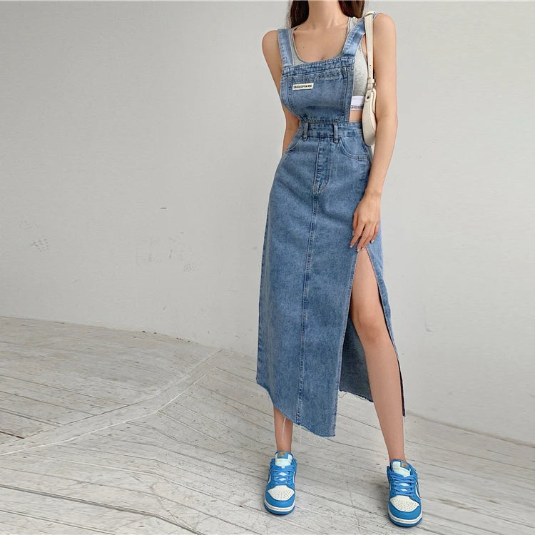 Sleeveless Women Denim Suspender Dress Spring New Midi Skirt Blue Korean Fashion Polo Collar Streetwear Female Braces Slit Dress