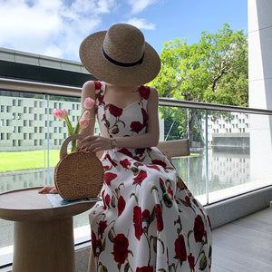 Women's Summer Elegant Floral Print Rose Strap Midi Dress Sleeveless Casual Beach Party Sundress Female Fashion A-Line Vestidos