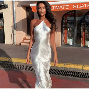 Women Sexy Tassel Back Slit Halter Dress Fashion Solid Off Shoulder Sleeveless Slim Long Dresses 2024 Lady Evening Party Robe