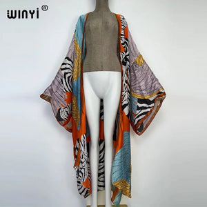 WINYI 2022 Summer Women Cardigan stitch Cocktail sexy Boho Maxi African Holiday Batwing Sleeve Silk feeling Robe kimono kaftan