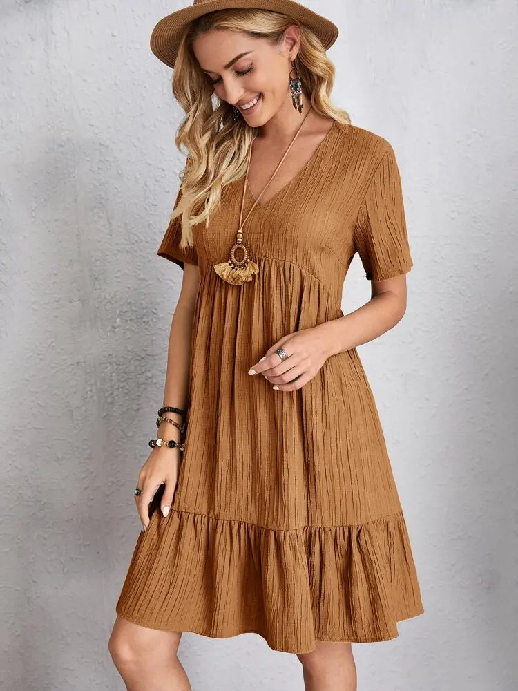 Vintage Solid Elegant Women Dress 2023 Summer Fashion Casual V-Neck High Waist A-Line Mini Dresses Lady Short Sleeve Party Dress