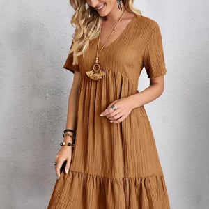 Vintage Solid Elegant Women Dress 2023 Summer Fashion Casual V-Neck High Waist A-Line Mini Dresses Lady Short Sleeve Party Dress