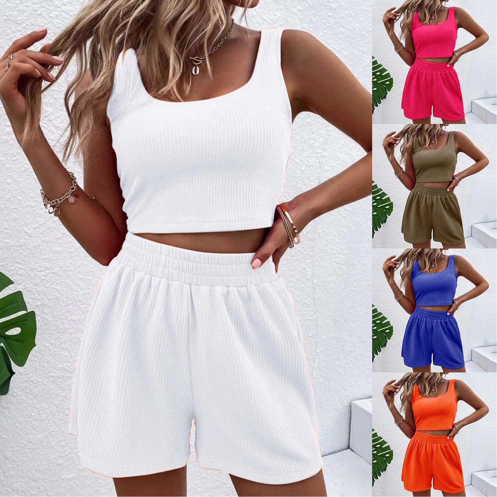 Two Piece Shorts Set Women Outfit Trendy Solid Color Sleeveless Camisoles Wide Leg Trunks Shorts Suit Casual Retro Sportswear