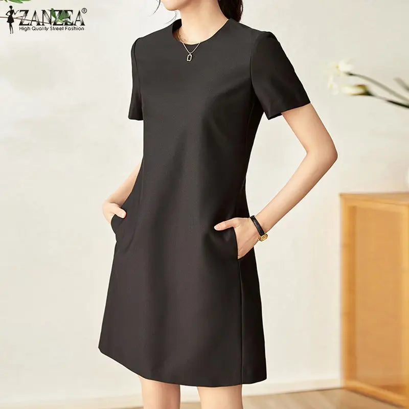 ZANZEA Summer Fashion OL Work Dress Woman Short Sleeve O-Neck Dresses Elegant Solid Knee Length Robe Casual Street Sundress 2023