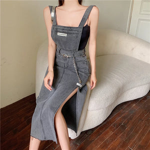 Sleeveless Women Denim Suspender Dress Spring New Midi Skirt Blue Korean Fashion Polo Collar Streetwear Female Braces Slit Dress