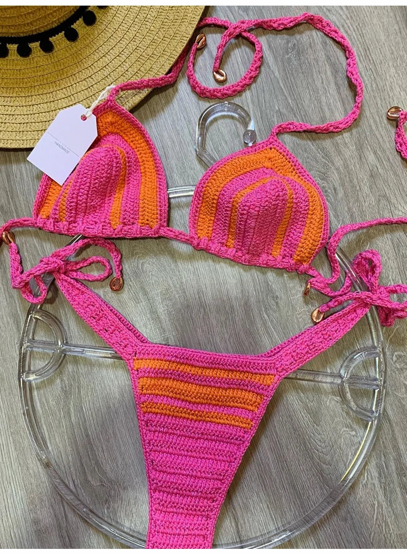 2024 Crochet Handmade Bikini Sets Sexy String Brazil Bathing Suit Swimsuit  Swimwear Boho Beachwear For Women Vacation Outfit