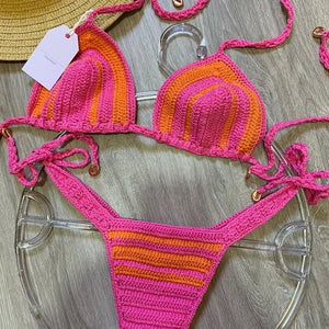 2024 Crochet Handmade Bikini Sets Sexy String Brazil Bathing Suit Swimsuit  Swimwear Boho Beachwear For Women Vacation Outfit