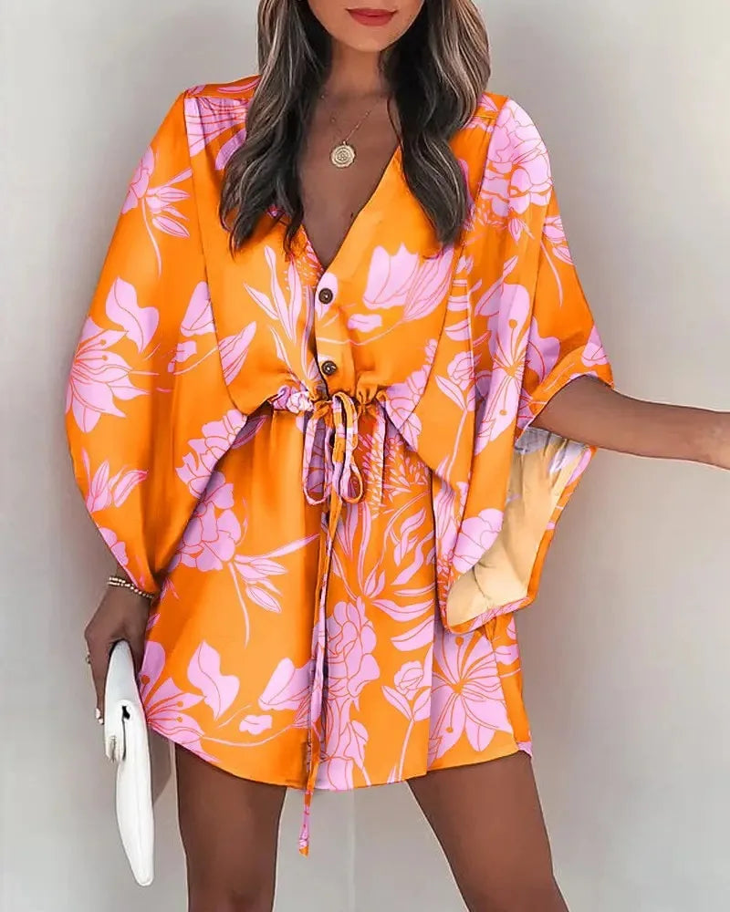 Summer Casual Dress Women Fashion Flying Sleeve V-neck Print Beach Party Dresses Elegant Lace Up Mini Dress Robe Femme 2023 New