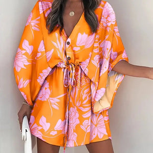 Summer Casual Dress Women Fashion Flying Sleeve V-neck Print Beach Party Dresses Elegant Lace Up Mini Dress Robe Femme 2023 New