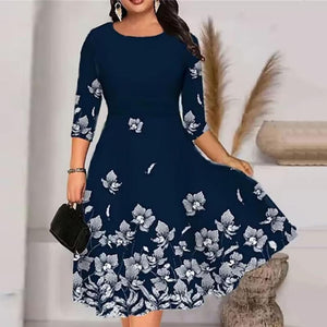 Women Dress Summer O-neck 3/4 Sleeve Midi Dress Plus Size Butterflies Printing Waist Tight Loose Hem Casual Dress Streetwear