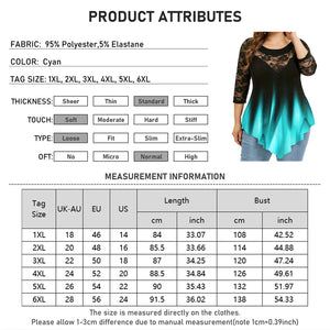 2023 Autumn Plus Size Casual T-shirt, Women's Plus Boho Contrast Lace Ombre Aurora Print Asymmetric Hem Top1xl-6xl