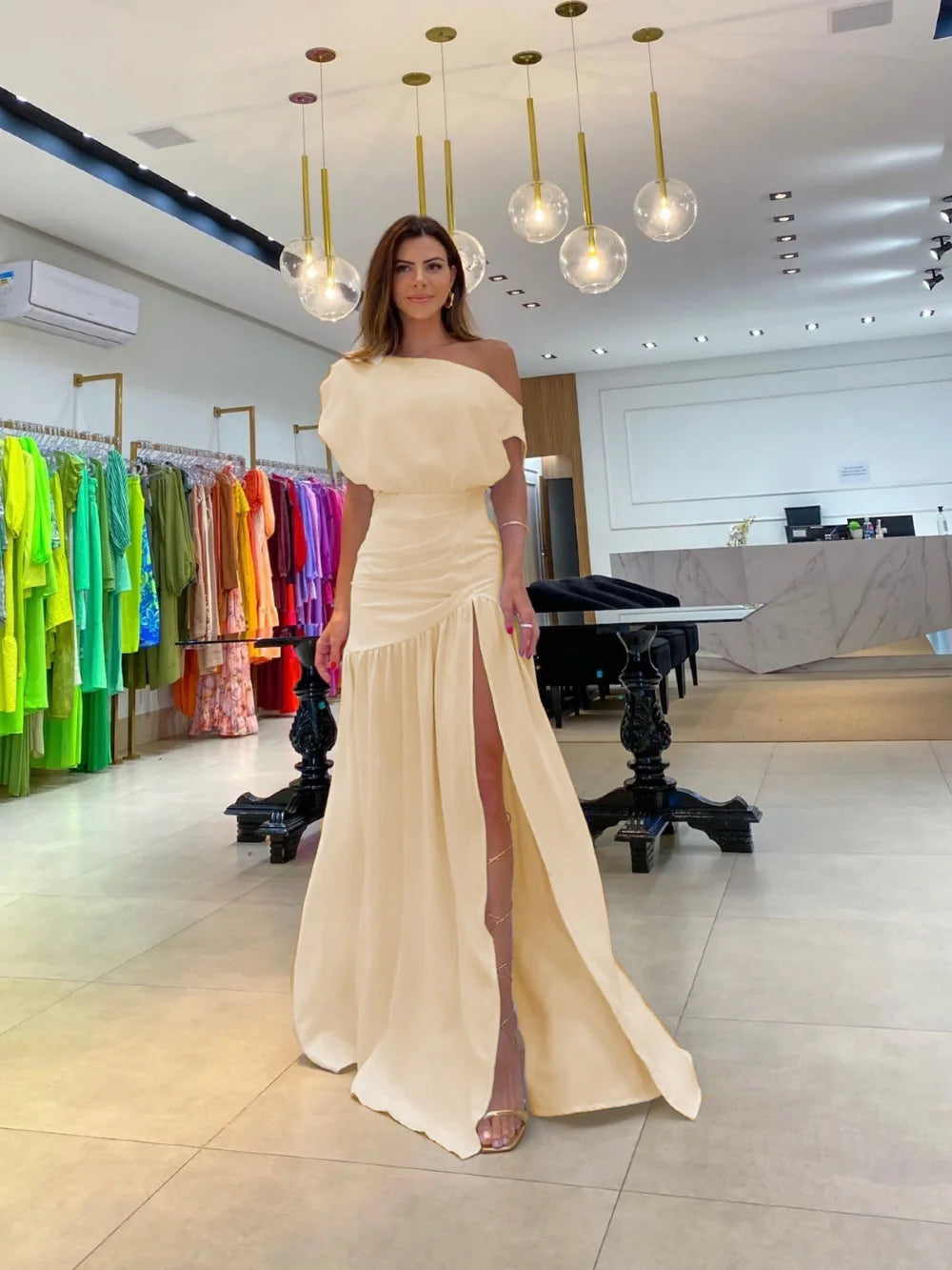 Summer Fashion Elegant Oblique Neck Split Evening Dress Women Sexy Off Shoulder Solid Split Dress Women