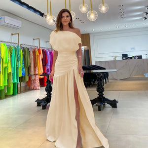 Summer Fashion Elegant Oblique Neck Split Evening Dress Women Sexy Off Shoulder Solid Split Dress Women