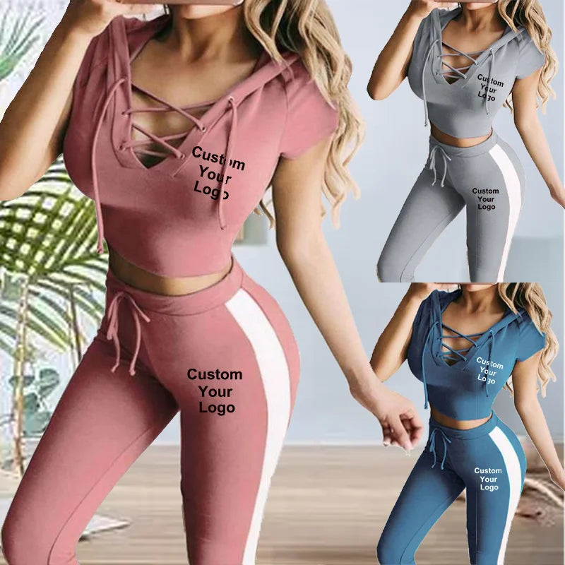 New Women Custom Your Logo Fashion Short Sleeve Women Tracksuit Sportwear T-shirt & Pants Trousers Jogging Suit Girl Yoga Suit