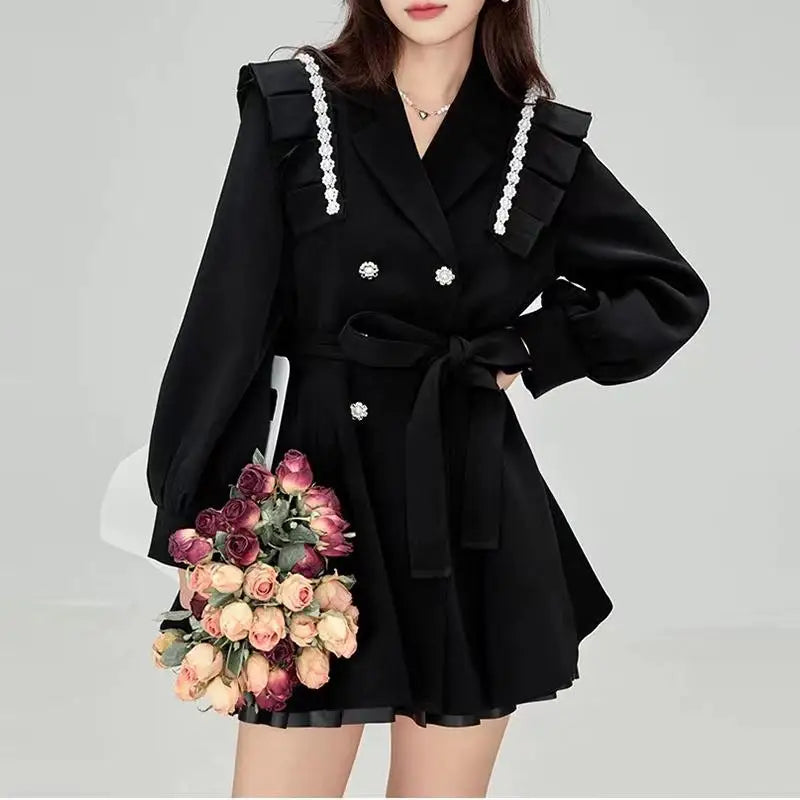 Korean Fashion Black Mini Blazer Dress Women Elegant Chic Sashes Button Design Dress Winter Casual Sexy Evening Party Dress New