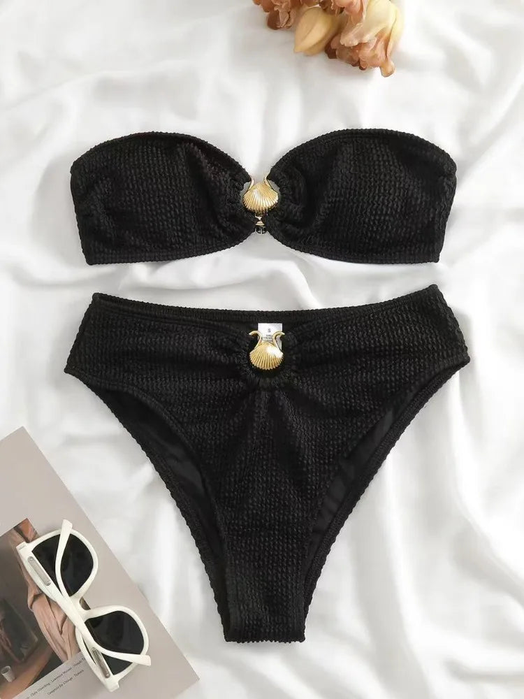 Sexy One Shoulder Shell Bikini High Waist Swimwear 2023 Textured Swimsuit Women Bathing Suits Metal Ring Two-piece Bikinis Set