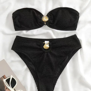 Sexy One Shoulder Shell Bikini High Waist Swimwear 2023 Textured Swimsuit Women Bathing Suits Metal Ring Two-piece Bikinis Set