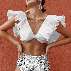 2024 New Sexy High Waist Ruffled Bikini Set Flounce Swimwear Women Swimsuit Solid Strappy Beachwear V-neck Bathing Suit Biquini