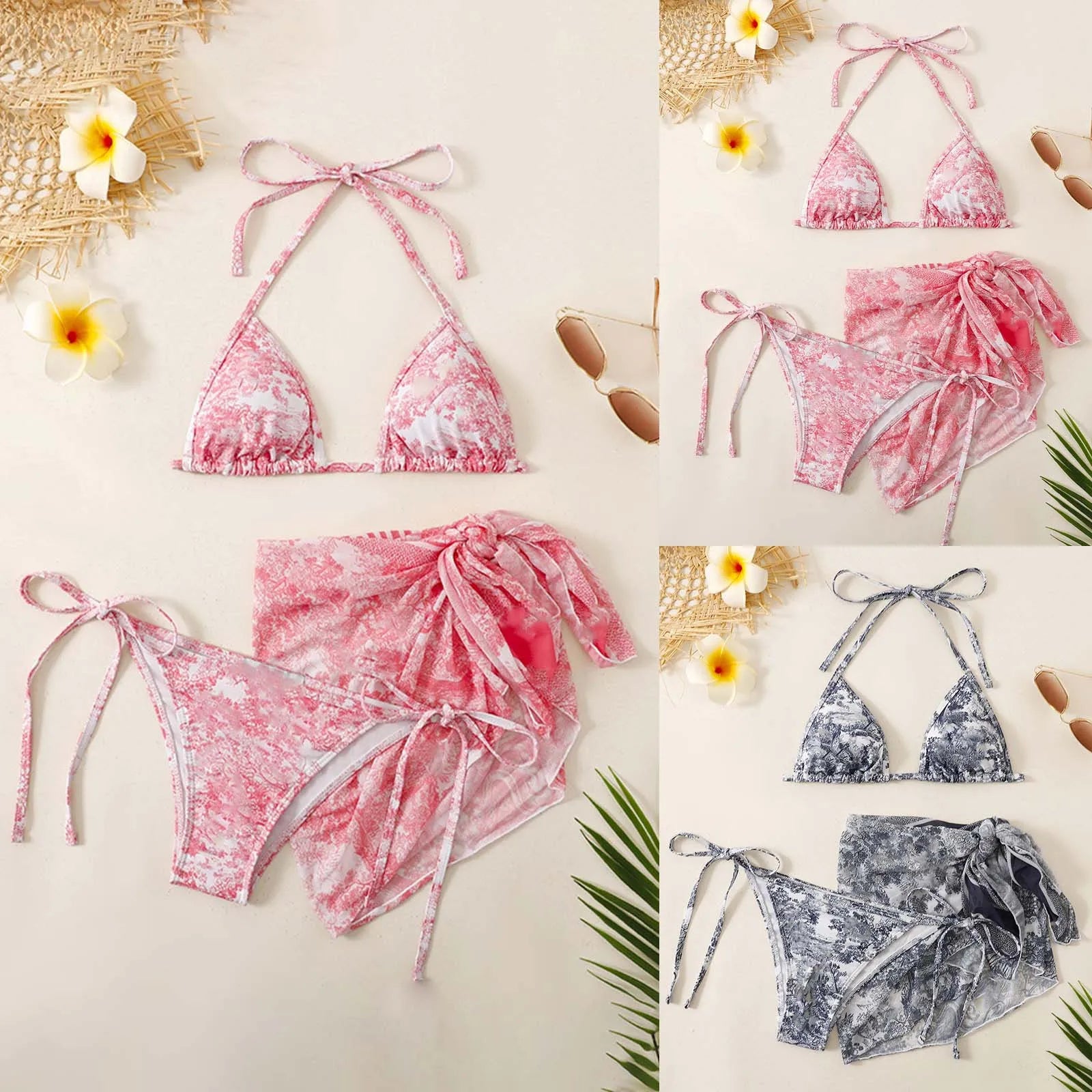 New Sexy Floral Printed Bikini Three Piece Ink Wash Tie Dye Bikini Set With Sheer Sunscreen Poncho Swimsuit Women Ropa De Mujer