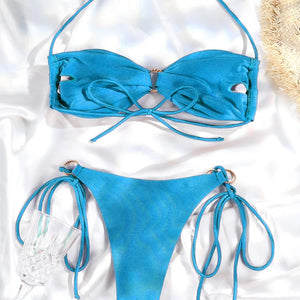 Woman Swimsuits Bandage Bikini Halter Bikini Pleated Swimwear 2024 Bathing Suit Thongs Biquini Sexy Swimming Wear Beach