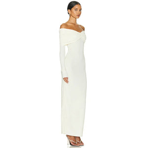 Tossy White Pleated Slim Maxi Dress Elegant For Women Patchwork Off-Shoulder Fashion High Waist Dress Ladies Solid Party Dress