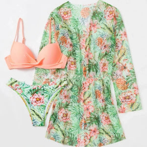 Floral Print 3 Pieces Swimsuit Women Strappy Bikini Set+Long Sleeve Blusas Cover-Up Swimwear Sexy Low Waist Push Up Bathing Suit