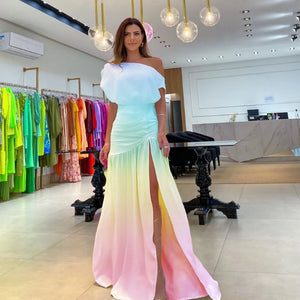 Summer Fashion Elegant Oblique Neck Split Evening Dress Women Sexy Off Shoulder Solid Split Dress Women