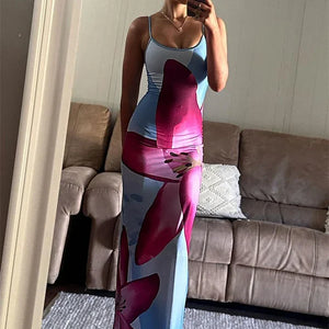 Tossy Printed Spaghetti Hot Backless Maxi Dress Women Fashion Slim Elegant Contrast Patchwork Halter Dresses Autumn Long Dress